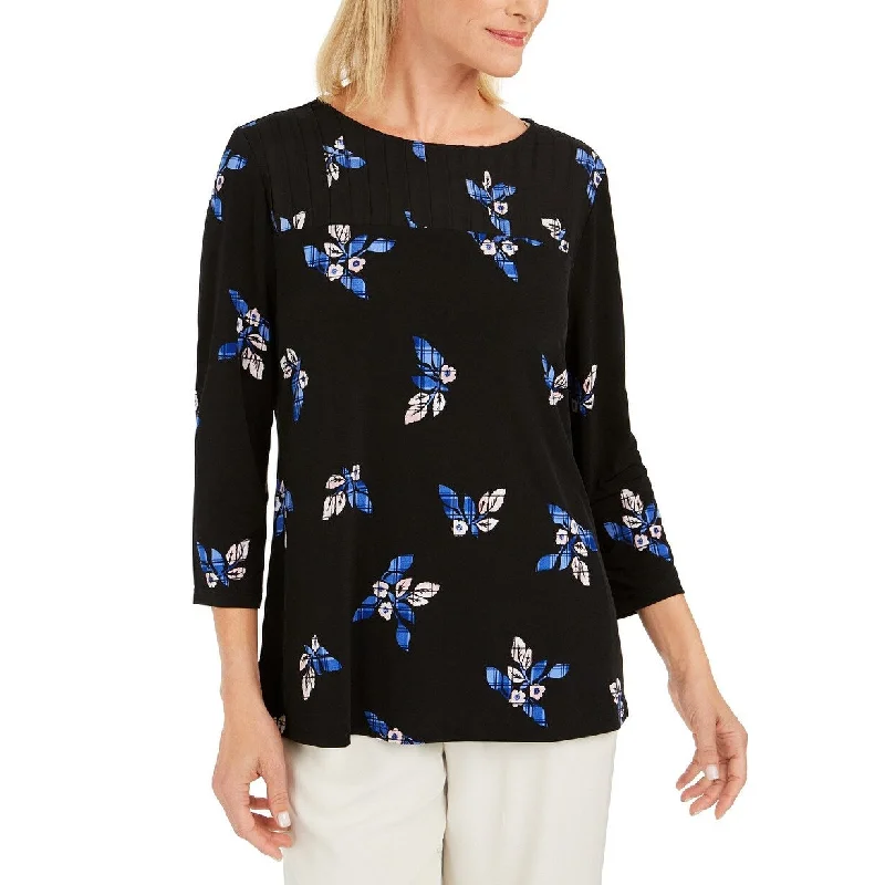 Charter Club Women's Floral Print Pleated Yoke Blouse Black Size Small