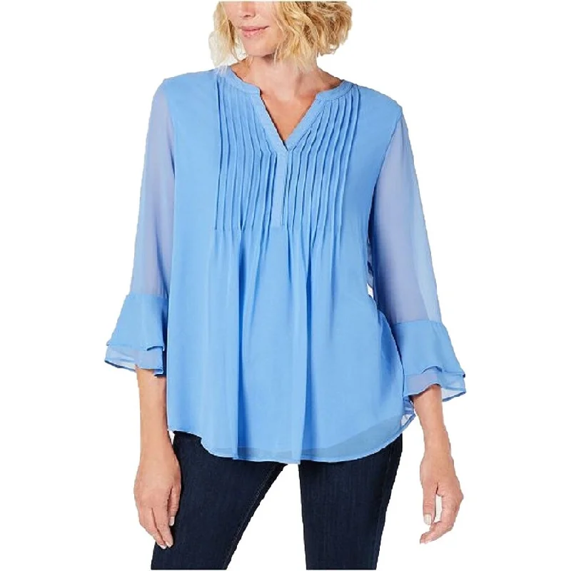 Charter Club Women's Pleated Sheer Blouses Cerulean Sky Size Medium - Blue