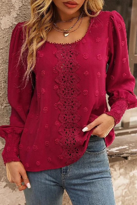 WOMEN FLORAL LACED SWISS DOT RIBBED SLEEVE BLOUSE