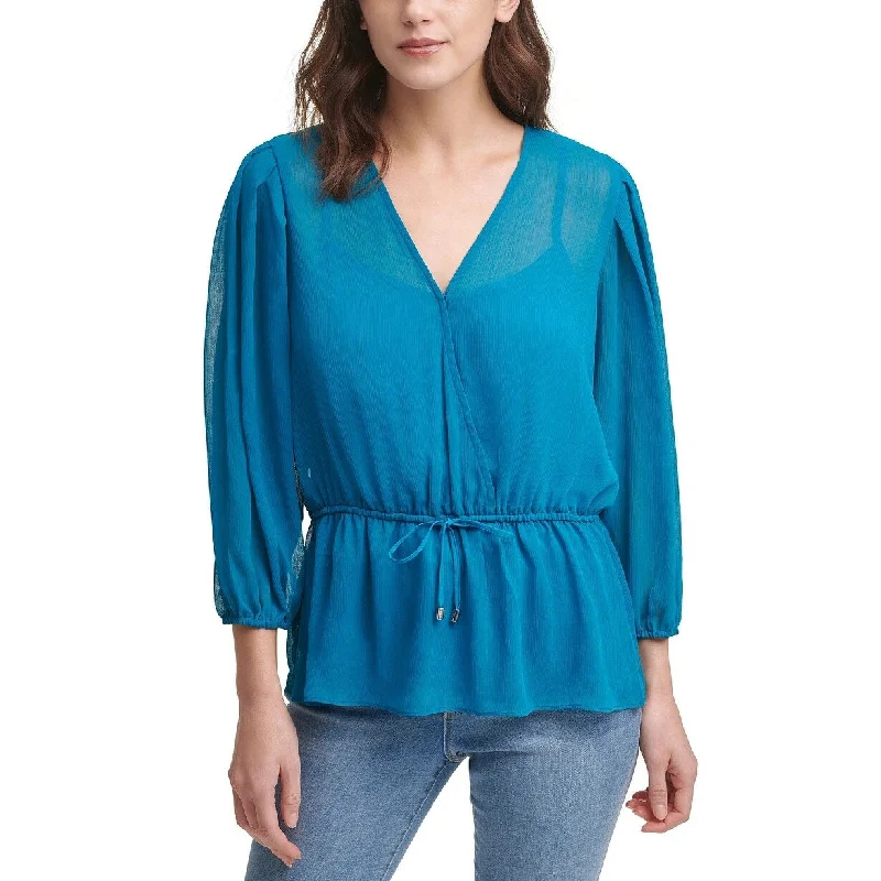 DKNY Women's Faux Wrap Tie Waist Blouse Blue Size XX-Small - XXS