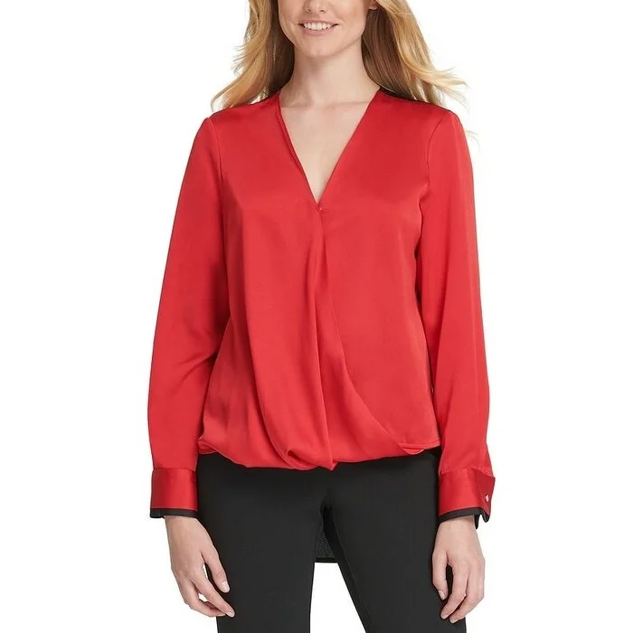 DKNY Women's Hammered Satin Twist-Front Blouse Red Size Extra Small