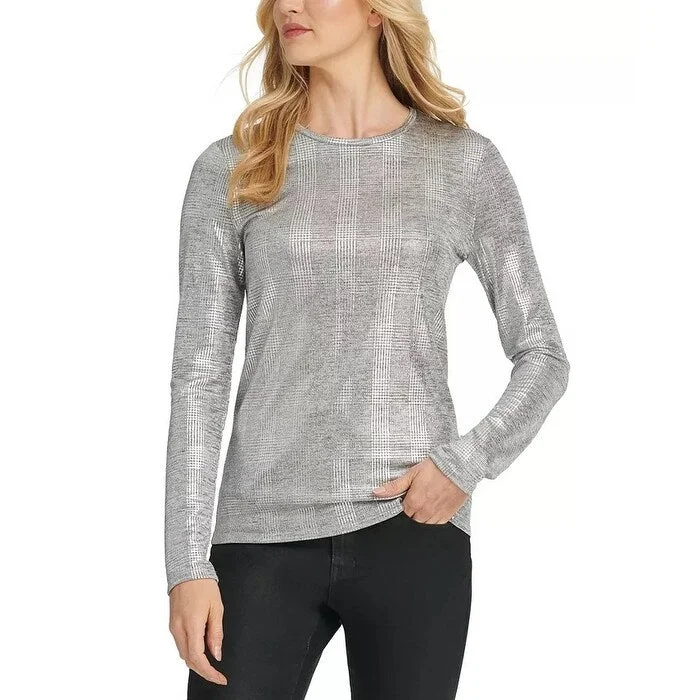 DKNY women's Metallic-Plaid Blouse Gray Size Extra Large