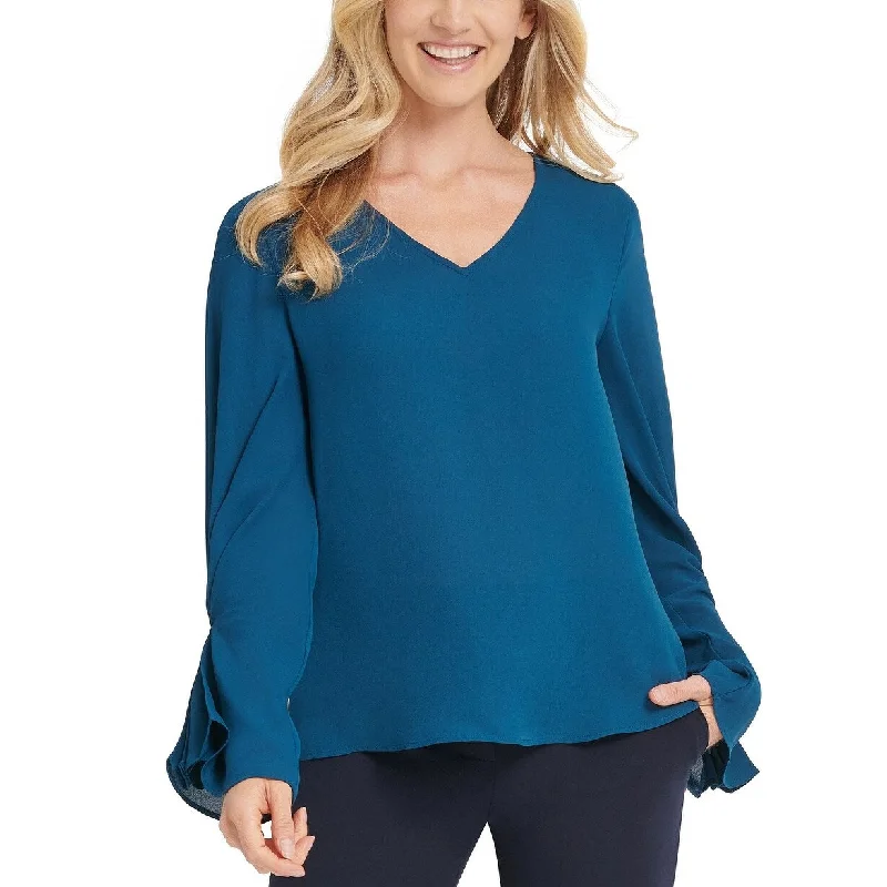 DKNY Women's Pleated-Sleeve Blouse Blue Size Extra Large - X-Large