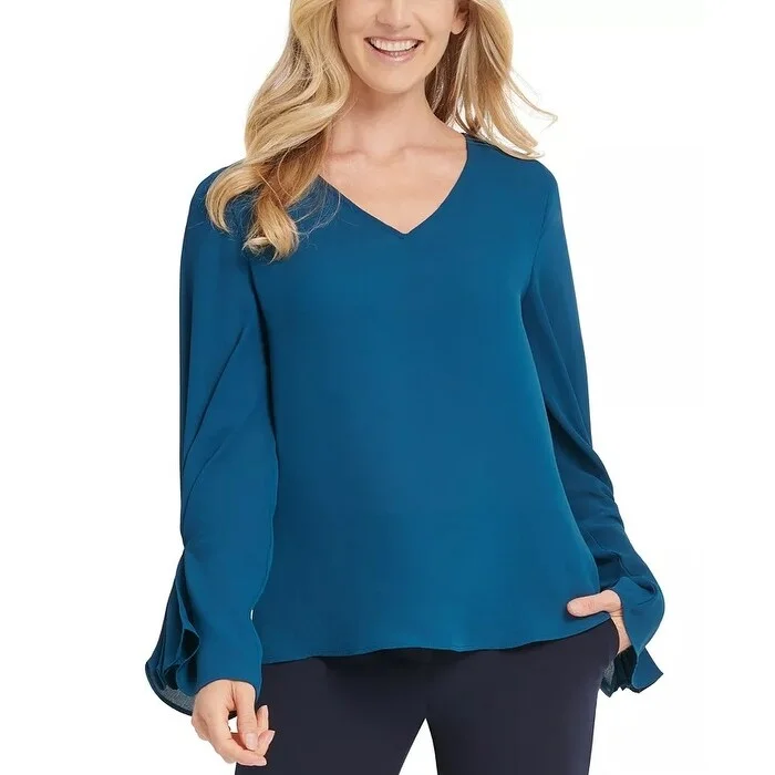 DKNY Women's Pleated Sleeve Blouse Blue Size Small