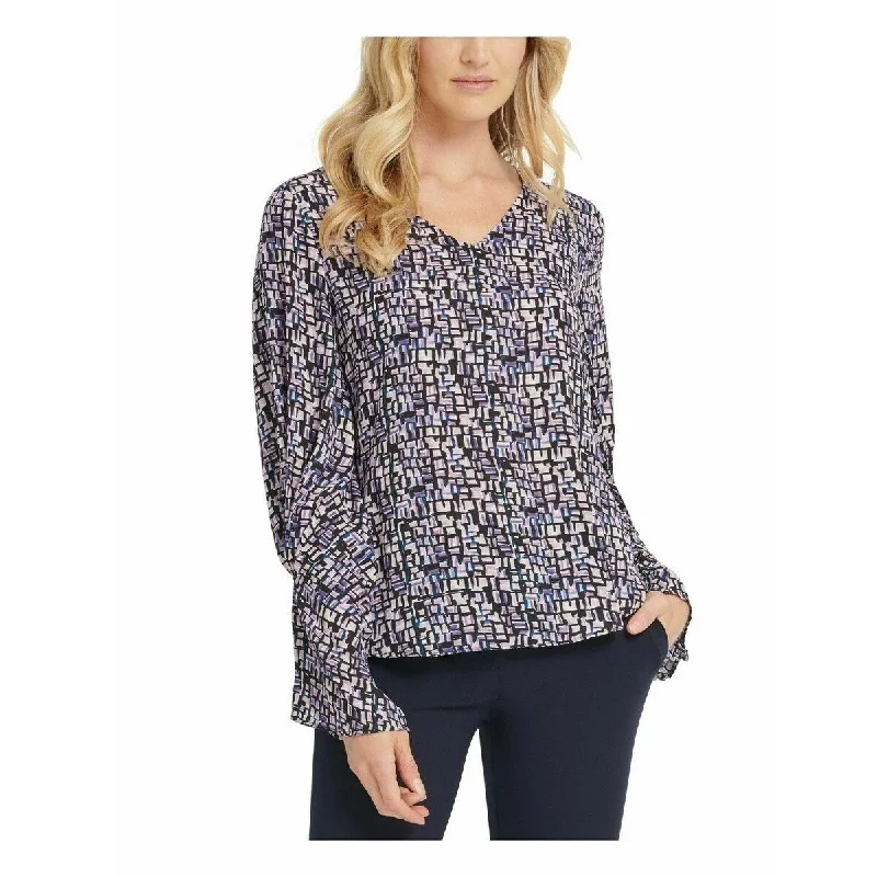 DKNY Women's Printed Pleated-Sleeve Blouse Purple Size Extra Small