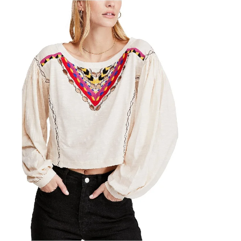 Free People Women's Hand Me Down Embroidered Top Beige Size Extra Small