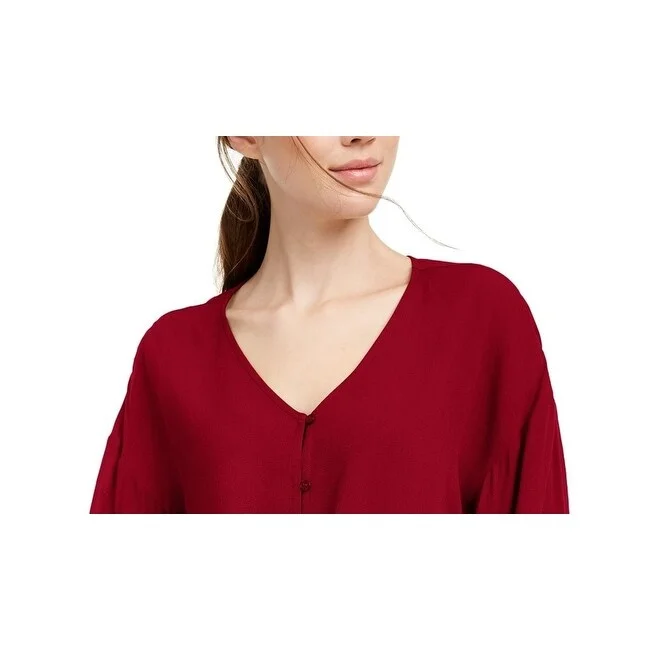 Freshman Juniors' Flare-Sleeved Tie-Waist Blouse Red Size Medium