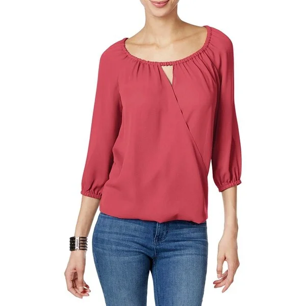 INC International Concepts Surplice Keyhole Blouse, Polished Coral, M