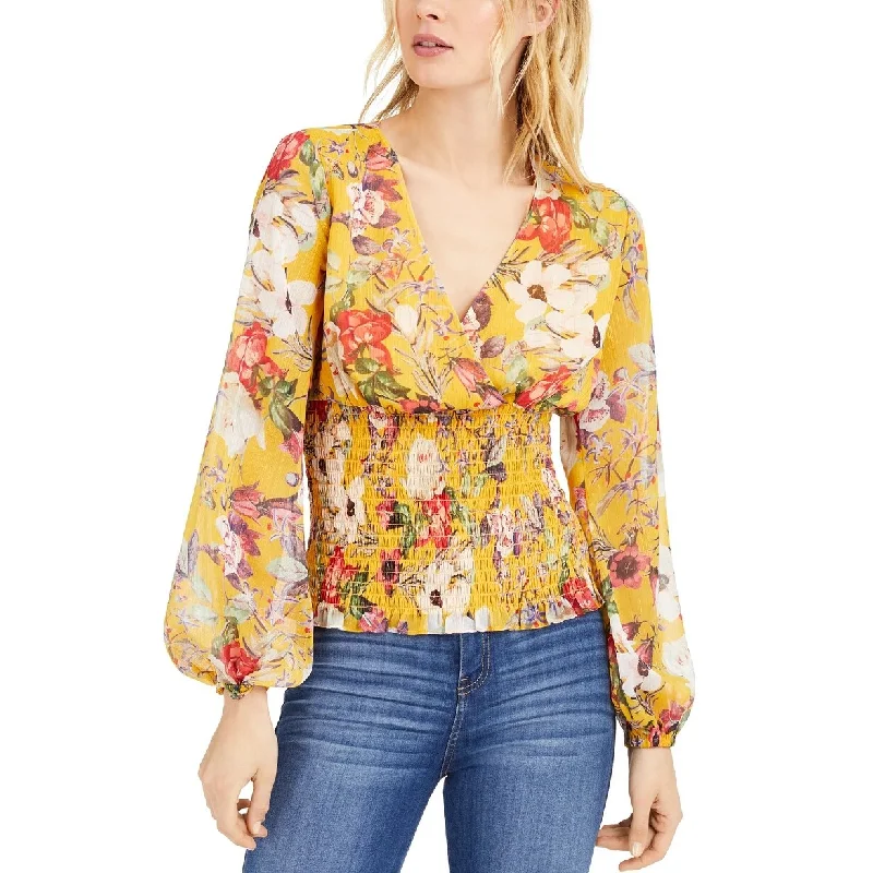 INC International Concepts Women's Floral Smocked Blouse Yellow Size S - Small