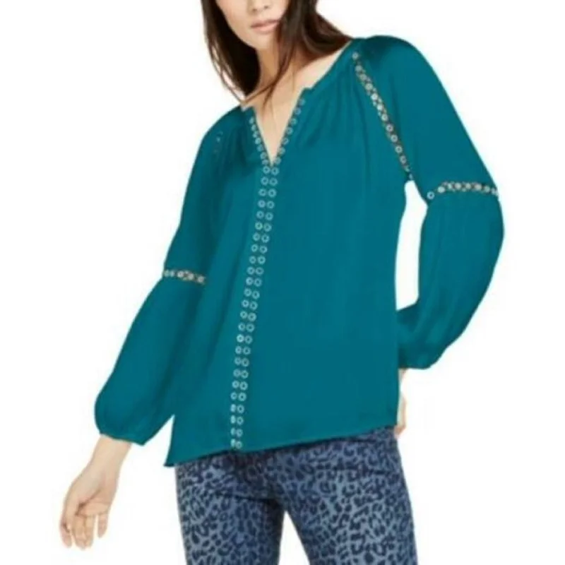 INC International Concepts Women's Grommet-Trim Peasant Blouse Green Size Extra Large - X-Large