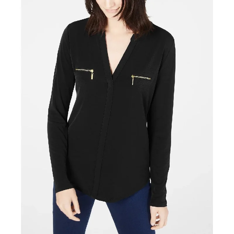 INC International Concepts Women's Zip-Pocket Blouse Black Size Large