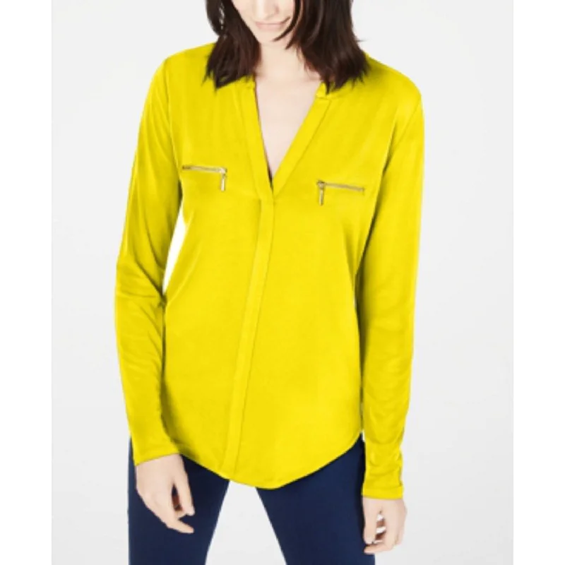 INC International Concepts Women's Zip-Pocket Blouse Yellow Size Large