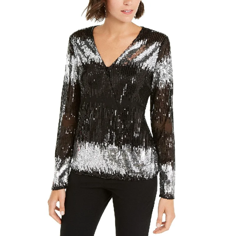 INC Women's Surplice Sequined Stripe Blouse Black Size Medium