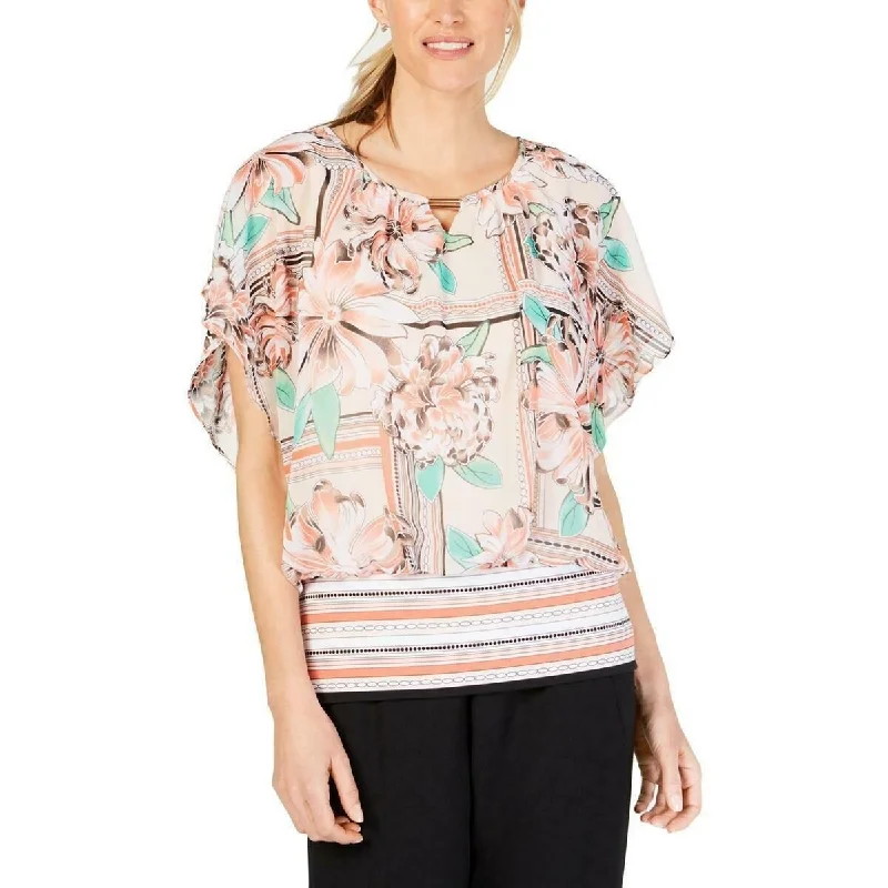 JM Collection Women's Petites Floral Banded Bottom Blouse Size Large - Pink