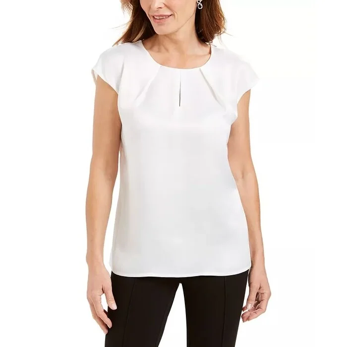 Kasper Women's Pleated Neck Keyhole Blouse White Size Small