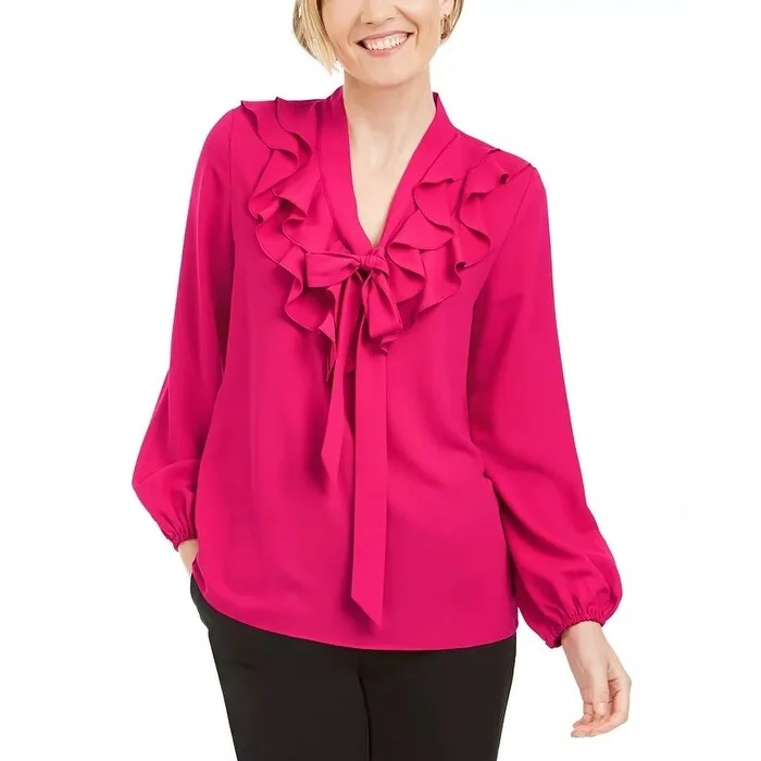 Kasper Women's Ruffled Tie-Neck Blouse Red Size Large