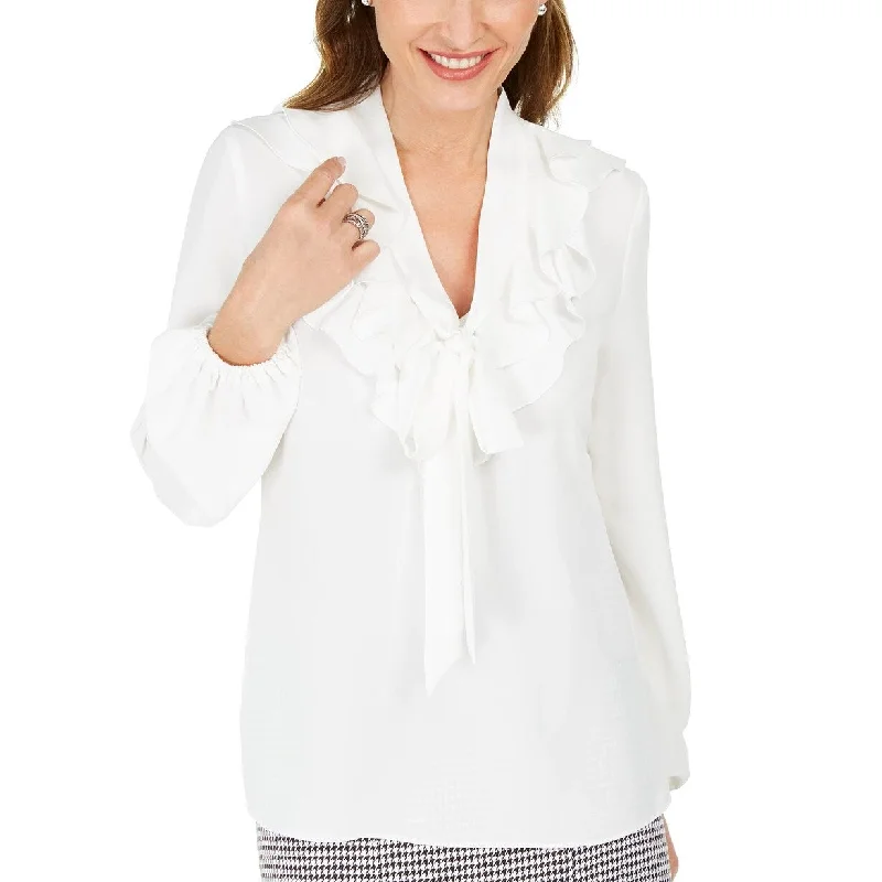 Kasper Women's Ruffled Tie Neck Blouse White Size Large