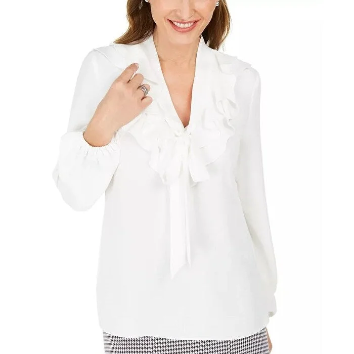 Kasper Women's Ruffled Tie-Neck Blouse White Size Medium