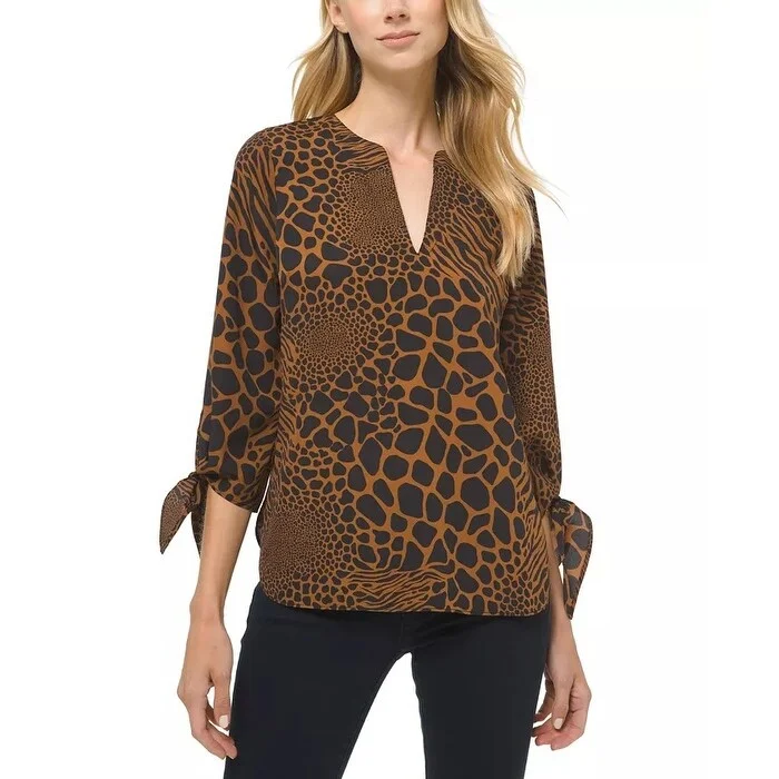 Michael Kors Women's 3/4-Sleeve Tie Detail Blouse Brown Size Small