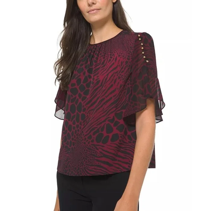 Michael Michael Kors Women's Beaded Animal-Print Blouse Red Size XS - X-Small