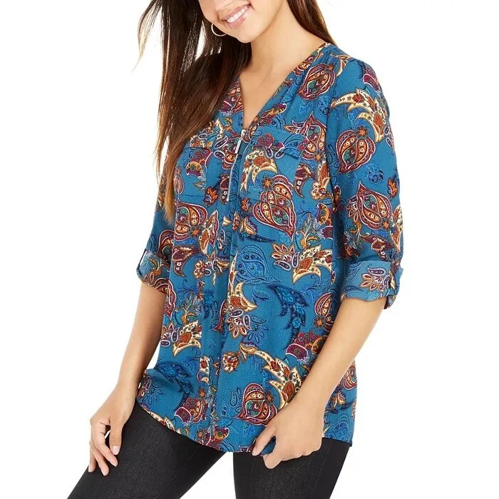 NY Collection Women's Paisley Blouse Medium Blue Size Petite Small - Petite Small