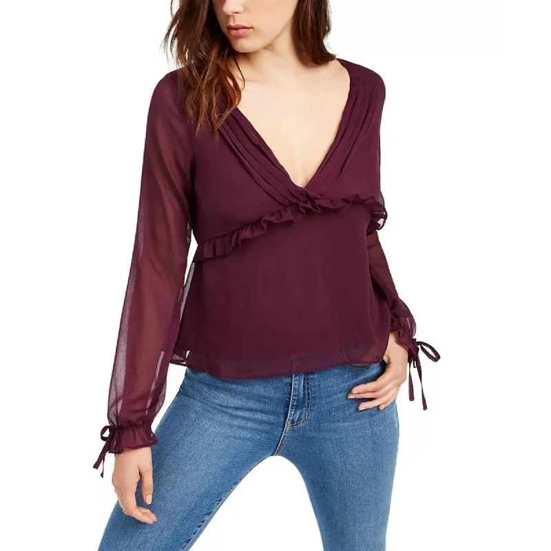 Q & A Women's Pleated Ruffle Blouse Dark Purple Size Large