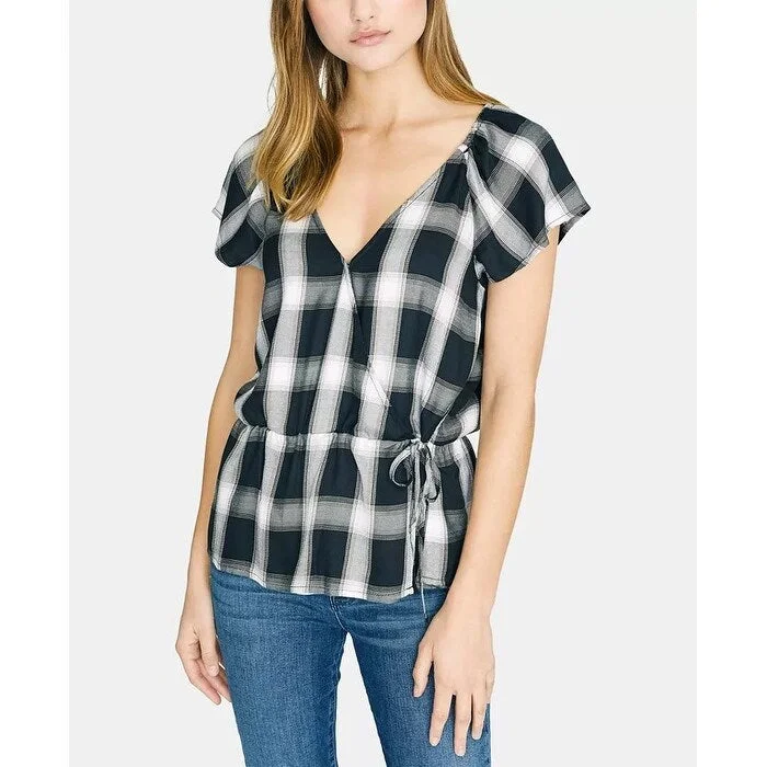 Sanctuary Women's Sunstone Plaid Faux Wrap Blouse Black Size Extra Large - X-Large