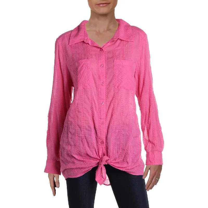 Style & Co Women's Knot-Front Adjustable Button-Down Top Pink Size Large