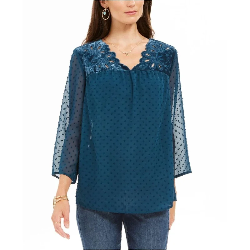 Style & Co Women's Mixed-Media Sheer-Sleeve Blouse Blue Size Medium