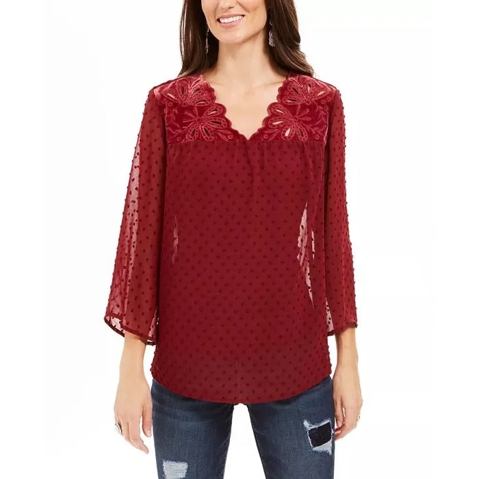 Style & Co Women's Mixed-Media Sheer-Sleeve Blouse Dark Red Size XXL - XX-Large