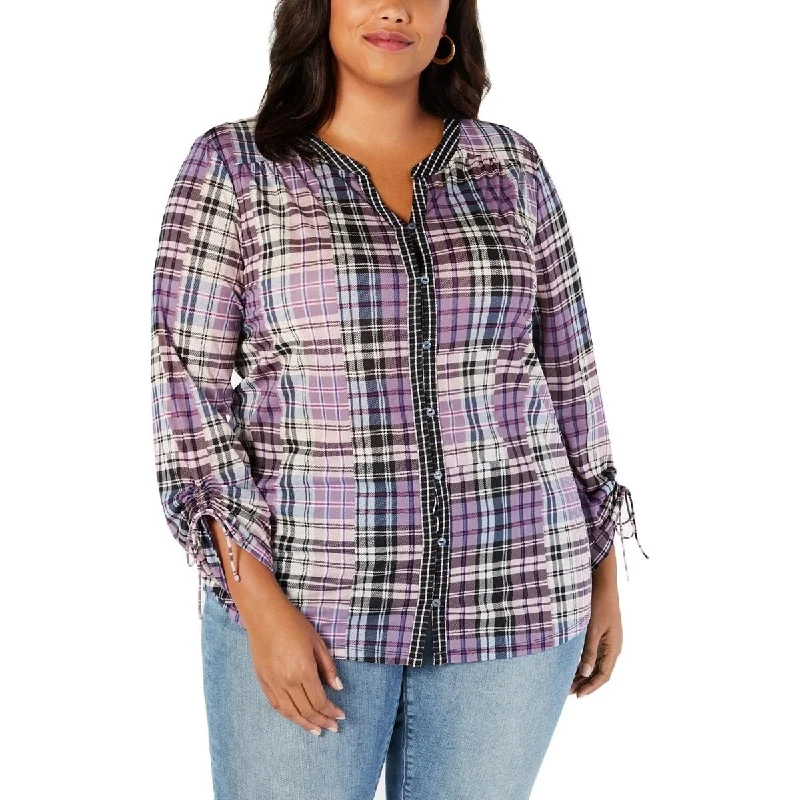 Style & Co Women's Petite Femme Fusion Plaid Button-Down Top Size Medium - Purple