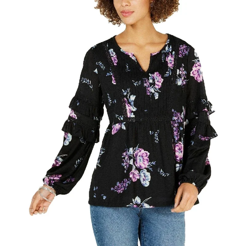 Style & Co Women's Petite Printed Blouse Top Tiered Black Size Large