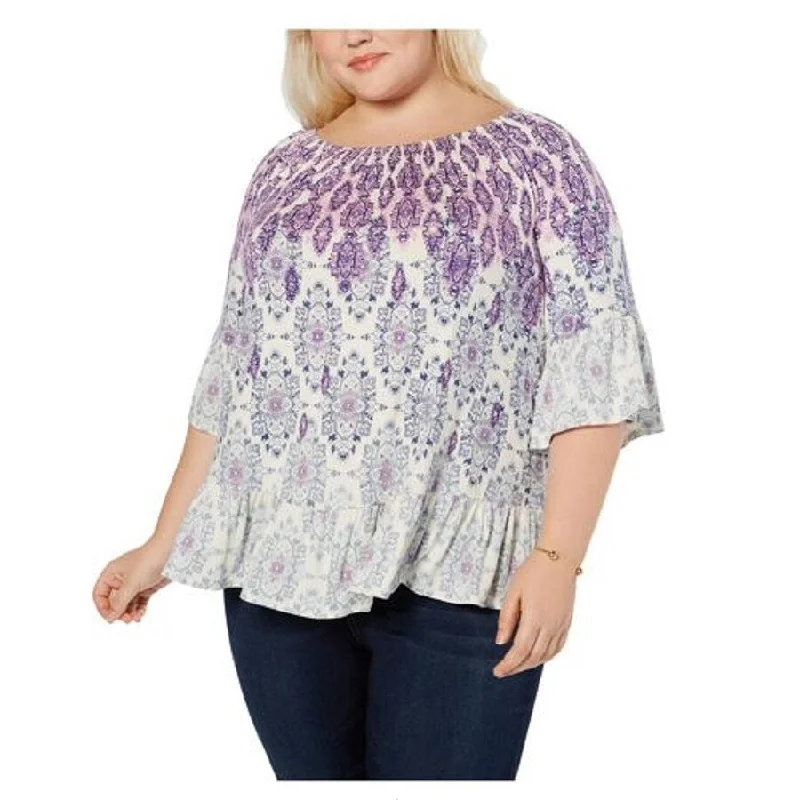 Style & Co Women's Petite Printed Three-Quarter Sleeves Blouse Size Large - Purple