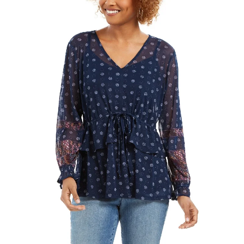 Style & Co Women's Tie-Front Floral Print Peasant Blouse Navy Size Extra Large