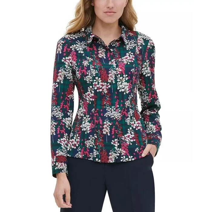 Tommy Hilfiger Women's Floral Plaid Button Up Blouse Blue Size Small