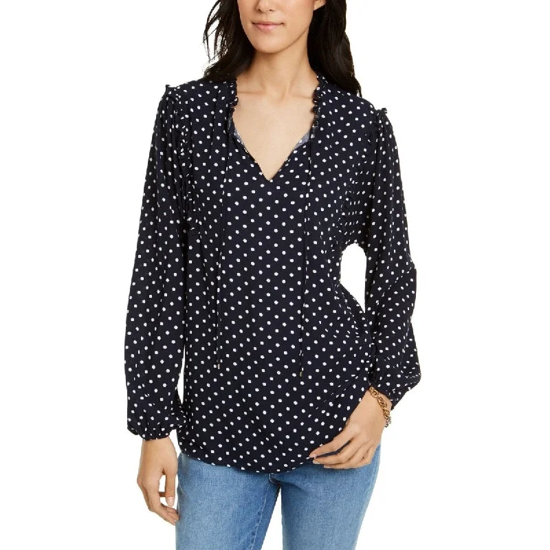 Tommy Hilfiger Women's Printed Ruffled-Neck Blouse Blue Size X-Large