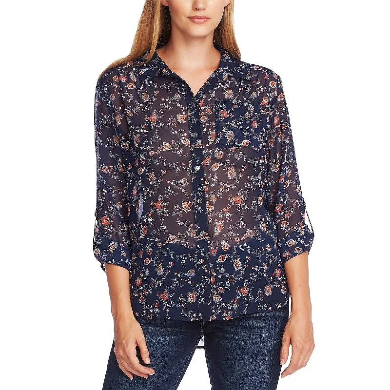 Vince Camuto Women's Ditsy Floral Shirred Shoulder Blouse Blue Size Extra Small