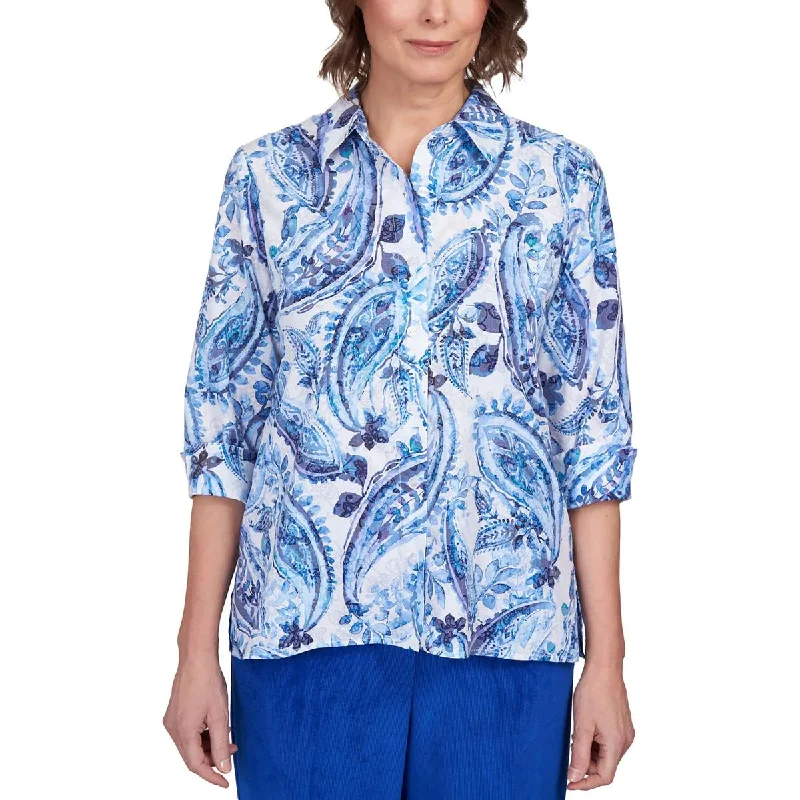 Alfred Dunner Womens Petites Floral Print Collared Button-Down Top