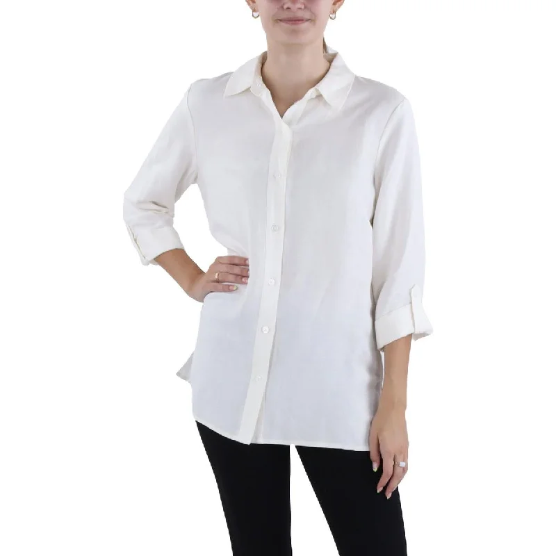 Anne Klein Womens   Linen Blend Roll Tab Button-Down Top