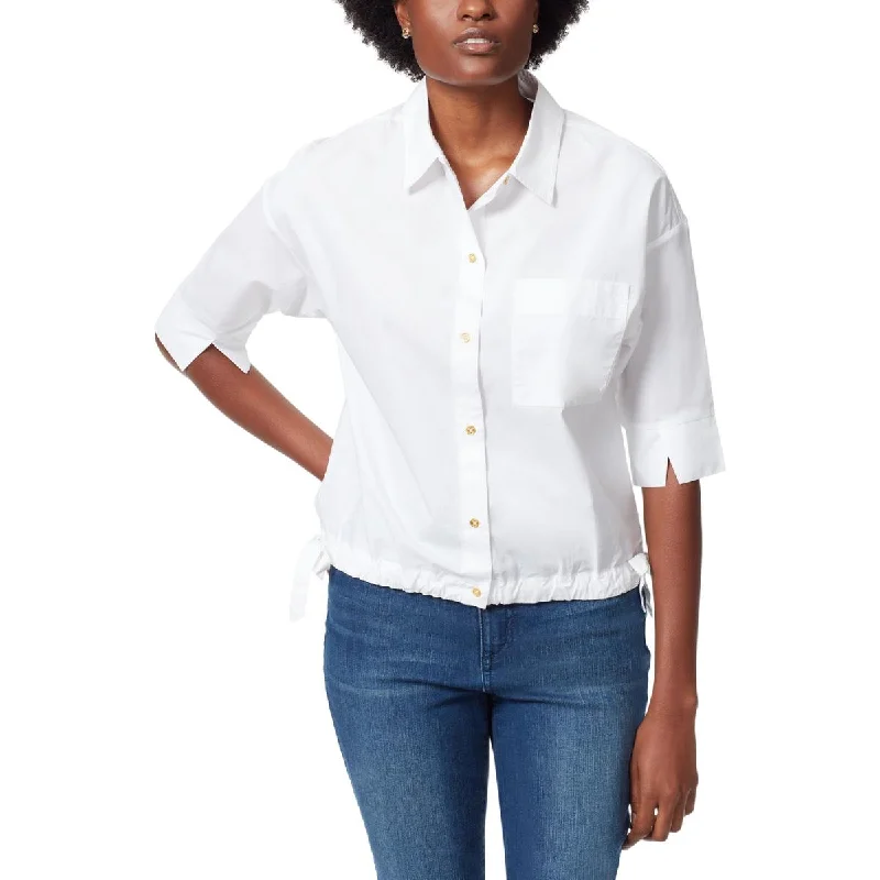 Anne Klein Womens Marleigh Cotton Drawstring Hem Button-Down Top