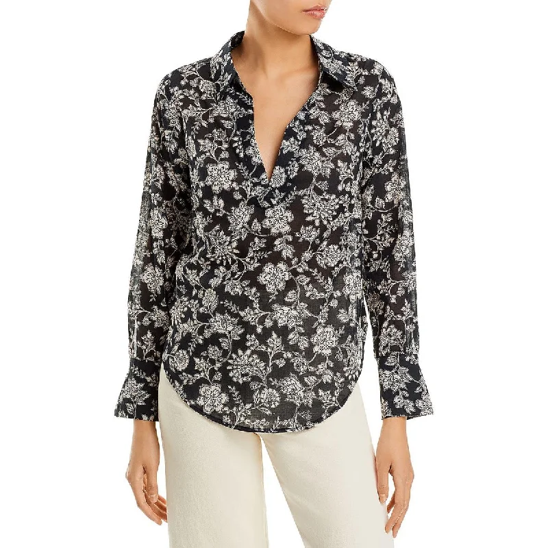 Aqua Womens Floral Print Split Neck Button-Down Top