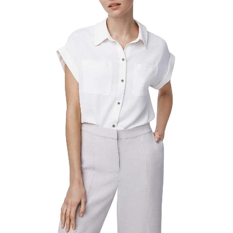 B New York Womens Drop Shoulder Collared Button-Down Top