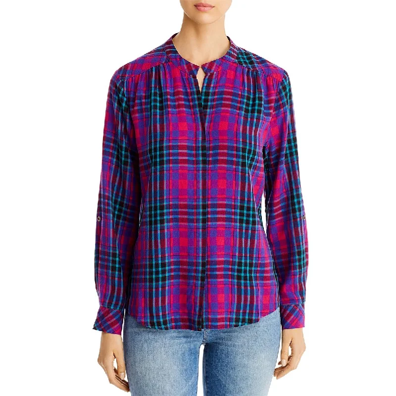 Billy T Womens Collarless Plaid Button-Down Top