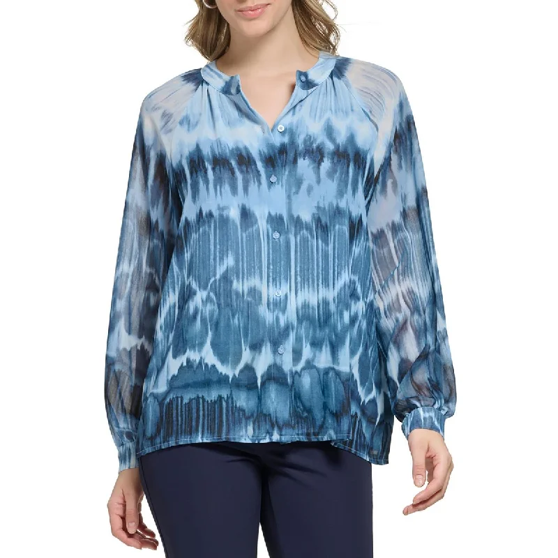 Calvin Klein Womens Chiffon Printed Button-Down Top