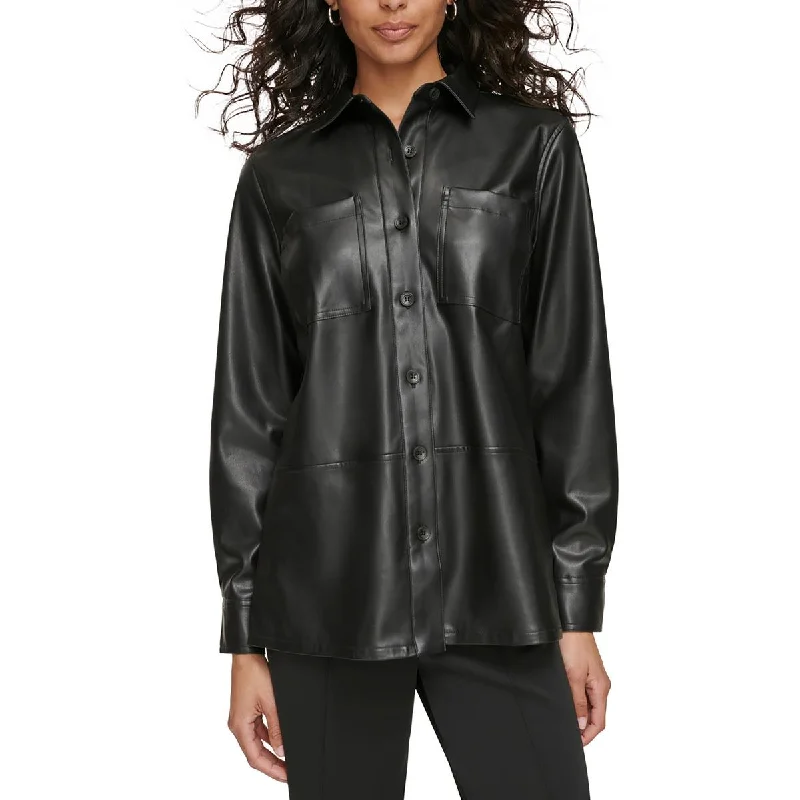 Calvin Klein Womens Faux Leather Button-Down Top