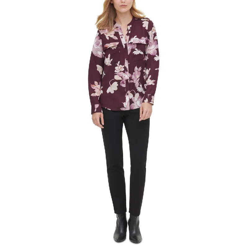 Calvin Klein Womens Floral Print Hi-Low Button-Down Top