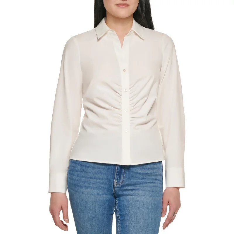 Calvin Klein Womens Ruched Collared Button-Down Top