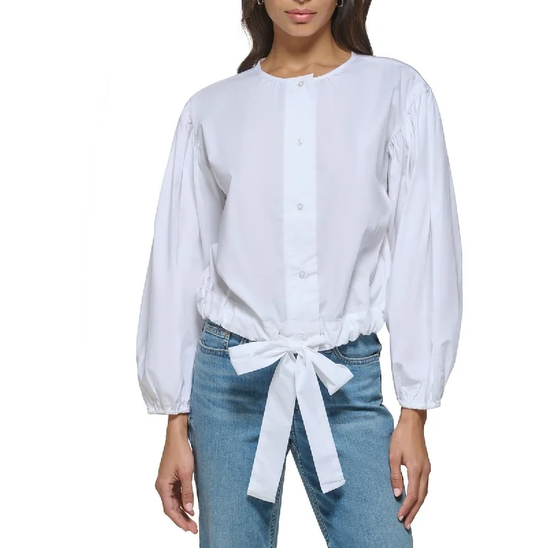 Calvin Klein Womens Waist Tie Puff Sleeve Button-Down Top