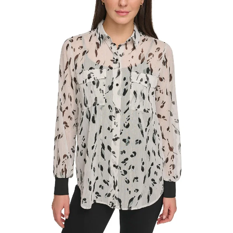 DKNY Womens    Animal Print Metallic Button-Down Top