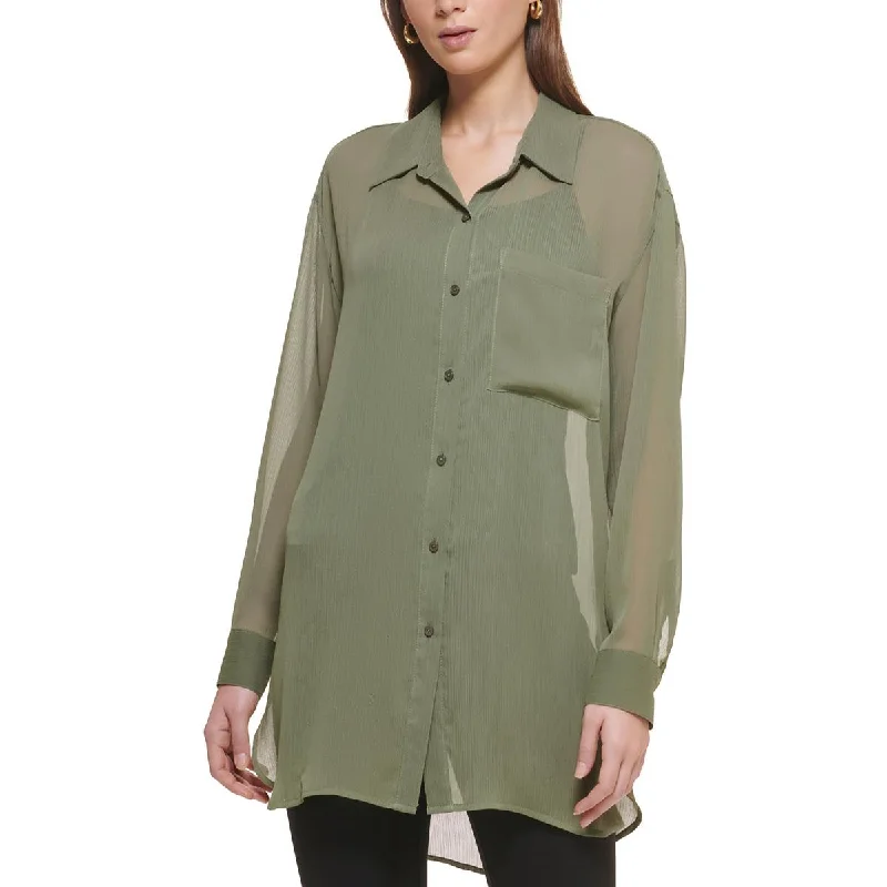 DKNY Womens Sheer Chiffon Button-Down Top